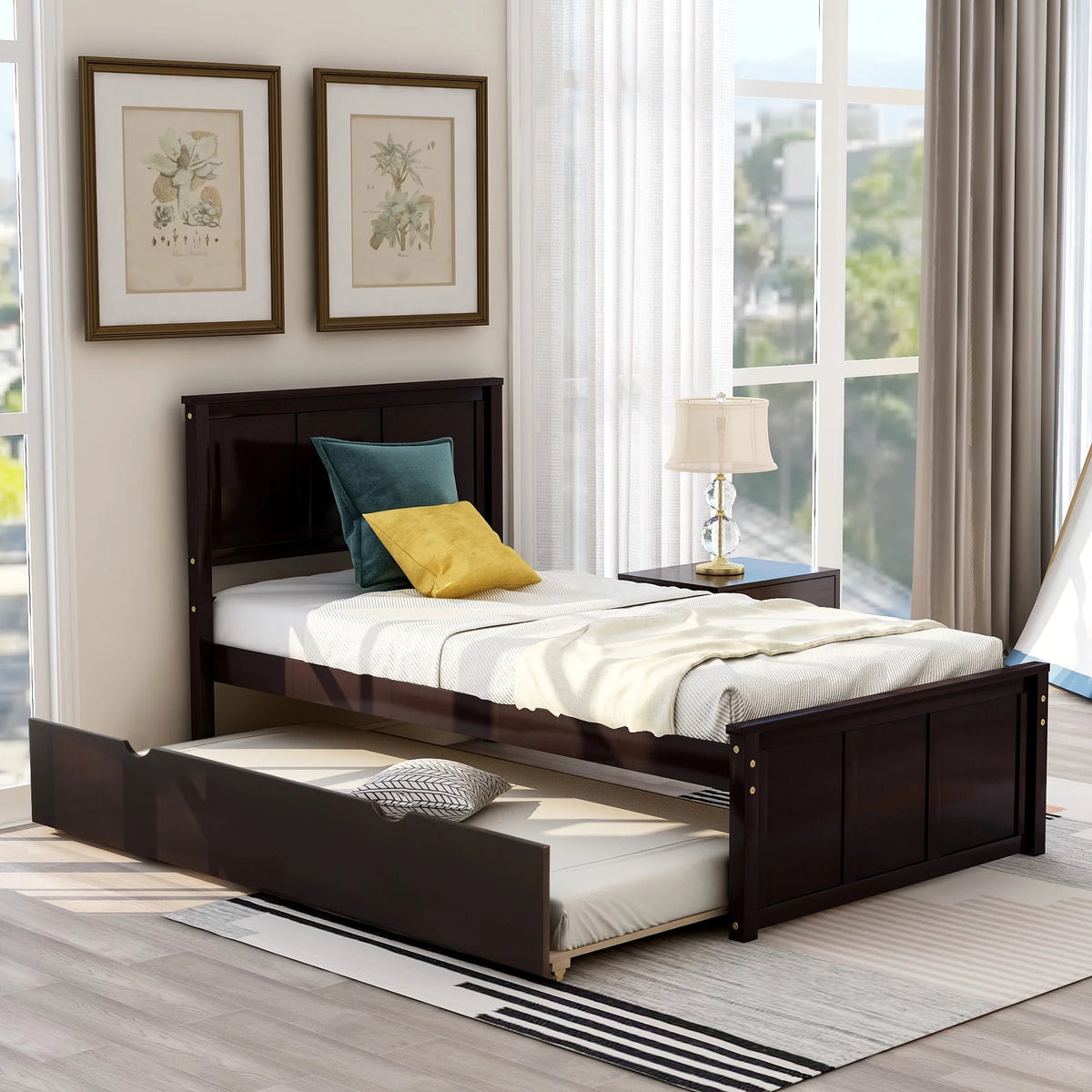 Wood Twin Platform Bed with Headboard & Trundle G4130