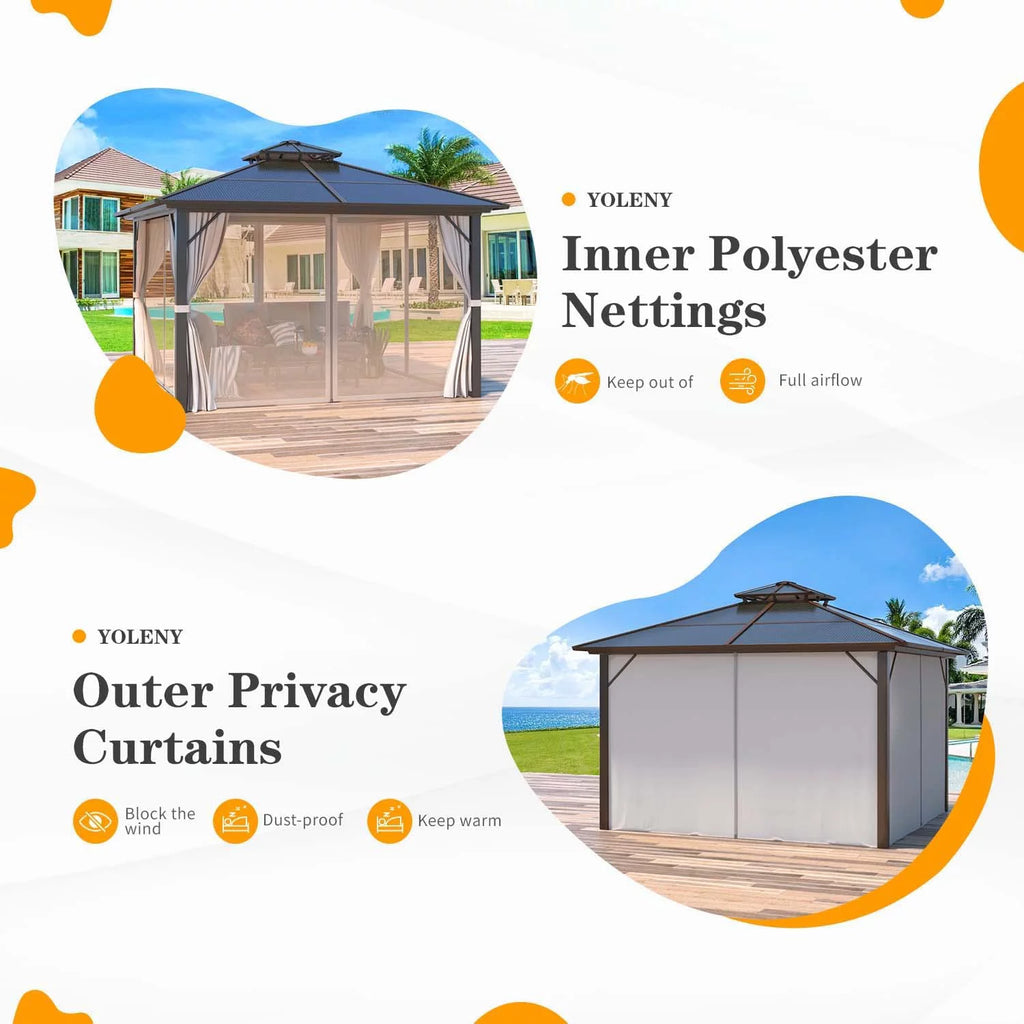 12 ft Polycarbonate Double Roof Hardtop Gazebo Canopy, Beige W926
