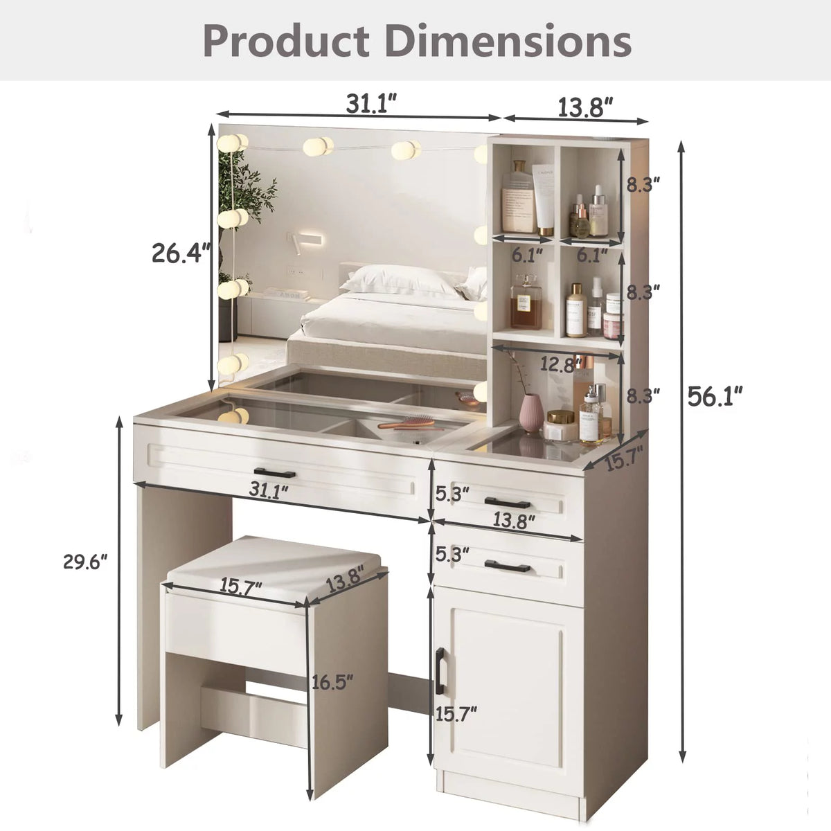 White 45in Vanity Desk Set with Lighted Mirror and Glass Desktop C9283