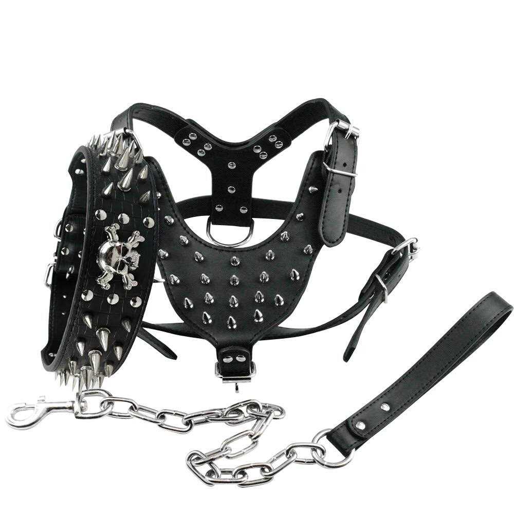 Black Leather Spiked Dog Collar & Leash & Harness 3 Pcs Set M23836