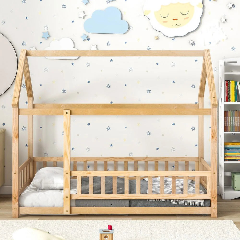 Twin Size Wooden Floor Bed with House Roof Frame D5660