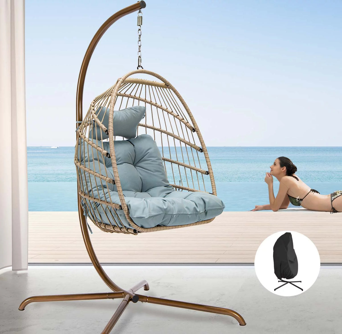 Foldable Brown PE Wicker Hanging Egg Chair with Stand Z655083