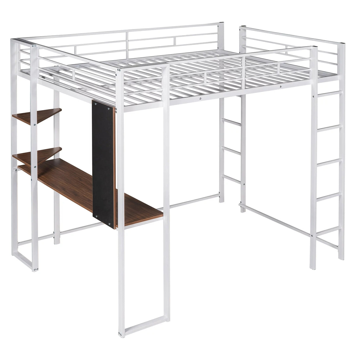 Full Size White Metal Loft Bed with Shelves and Desk W438976