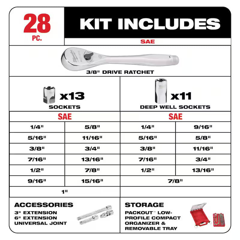 3/8 in. Drive SAE Ratchet and Socket Mechanics Tool Set 28-Piece B969