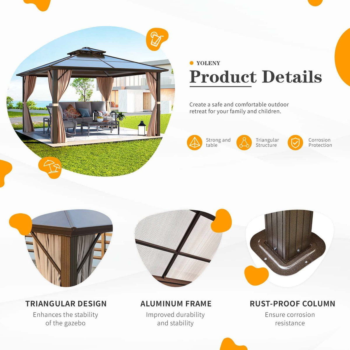12 ft Polycarbonate Double Roof Hardtop Gazebo Canopy, Beige W926