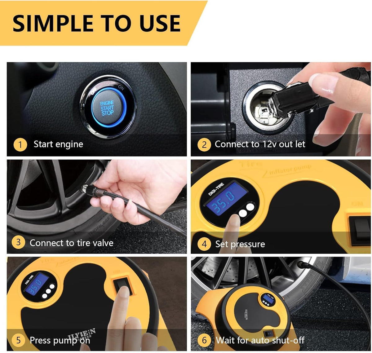 Tire Inflator Portable Air Compressor, DC 12V Auto Tire Pump, Digital Air Pump with LED Light, Long Power Cord Auto Shut Off, Pack of 2 T90042