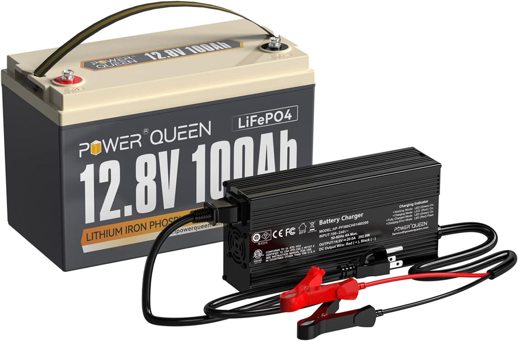 12.8V 100Ah LiFePO4 Battery with 14.6V 20A LiFePO4 Battery Charger A1924