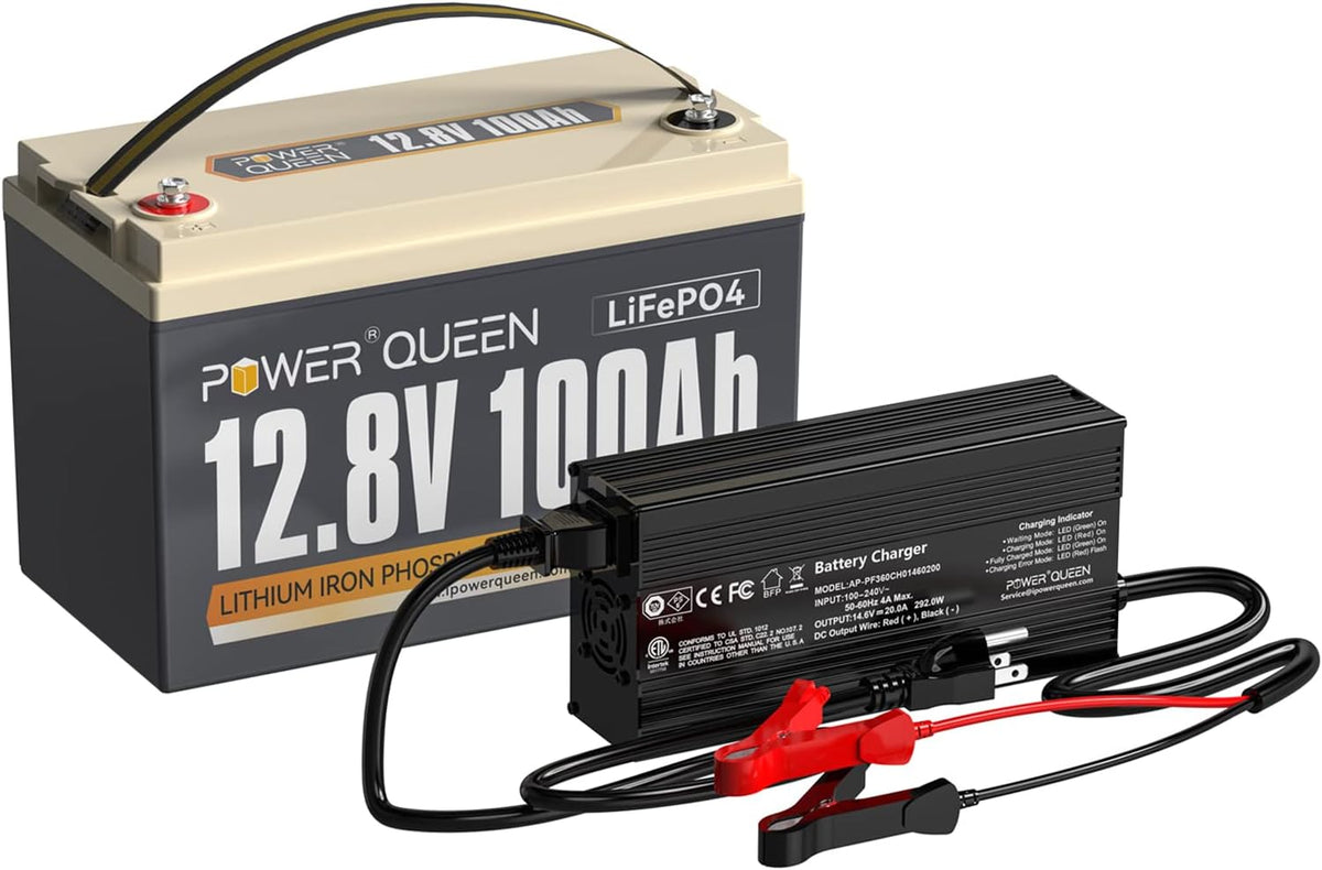 12.8V 100Ah LiFePO4 Battery with 14.6V 20A LiFePO4 Battery Charger A1924