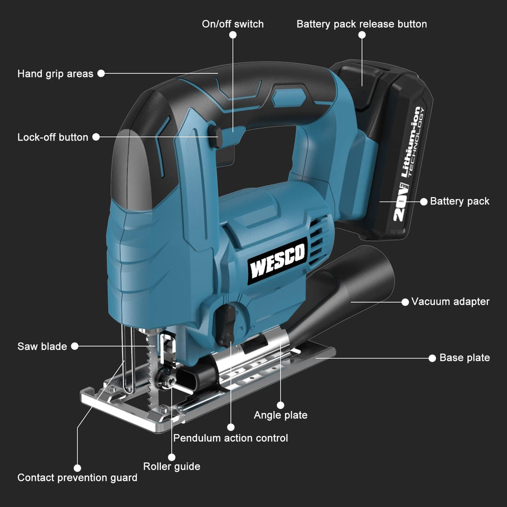 Cordless Jigsaw Tool with Battery, 2500SPM, ±45° Bevel, Adjustable Aluminum Base, LED Light, Pack of 2 G798804