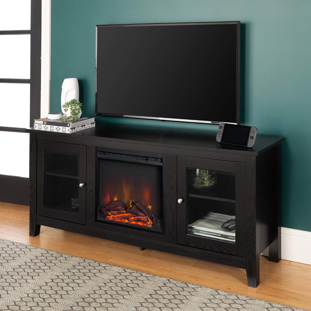Rustic Wood and Glass Fireplace TV Stand, 58 Inch, Traditional Brown Z137