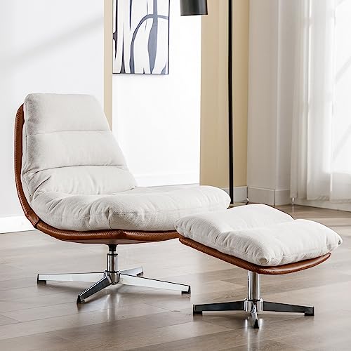 Cream Linen Swivel Accent Chair with Ottoman L90467