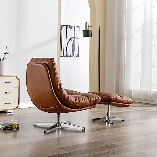Cream Linen Swivel Accent Chair with Ottoman L90467